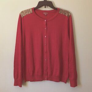 Natural Blend Merona Red with Gold Sequin Shoulders Button Down Cardigan
